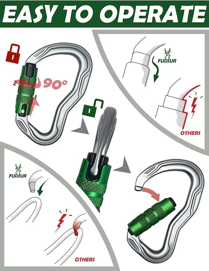 CE Certified 30KN Upgrade Auto Locking Climbing Carabiner Clip Twist Lock Heavy Duty Climbing Carabiner for Rock Climbing, Hammocks, Rappelling, Rescue, and Hunting D-Shaped 4.53 Inch