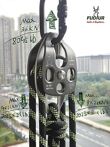 CE 36kN Large Rescue Climbing Pulley Double Sheave with Swing Plate, Portable Outdoor Safety Pulley for Backyard Zipline,Climbing&Rock Lifting,Fits Rope up to 15 mm/Holds Up to 8046lbs