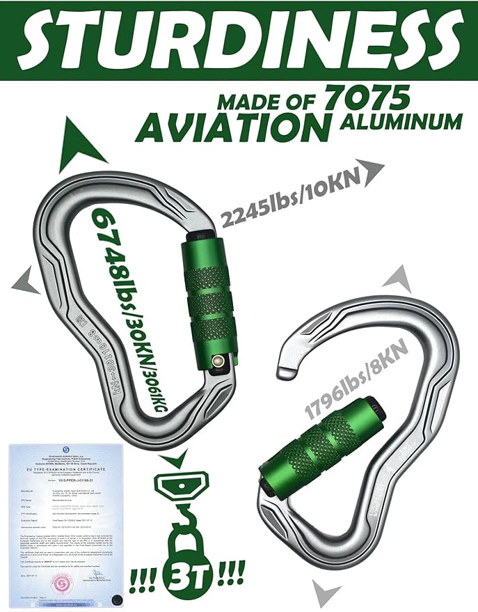 CE Certified 30KN Upgrade Auto Locking Climbing Carabiner Clip Twist Lock Heavy Duty Climbing Carabiner for Rock Climbing, Hammocks, Rappelling, Rescue, and Hunting D-Shaped 4.53 Inch